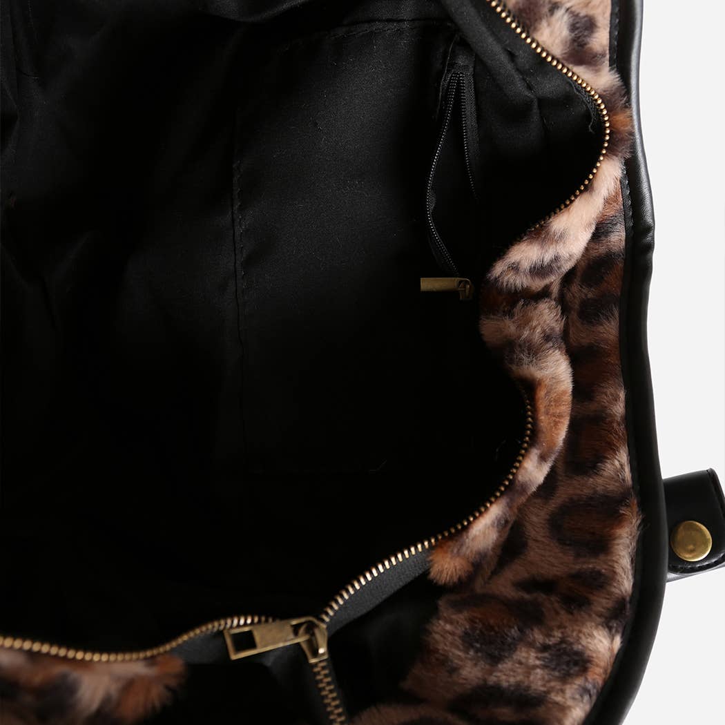 Leopard Pattern Faux Fur Shoulder Tote Bag