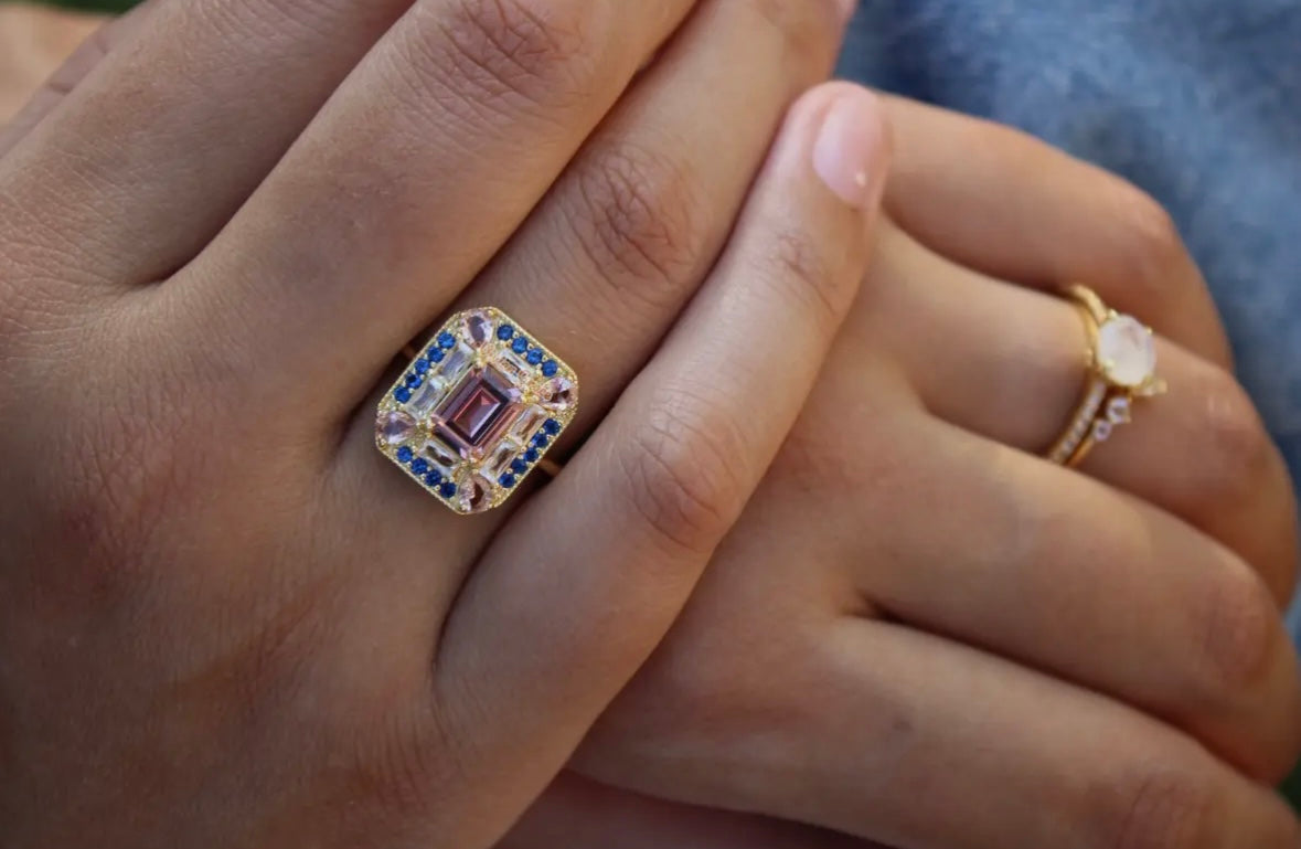 Art Deco Sapphire & Morganite Cocktail Ring | Vintage-Inspired Statement Ring