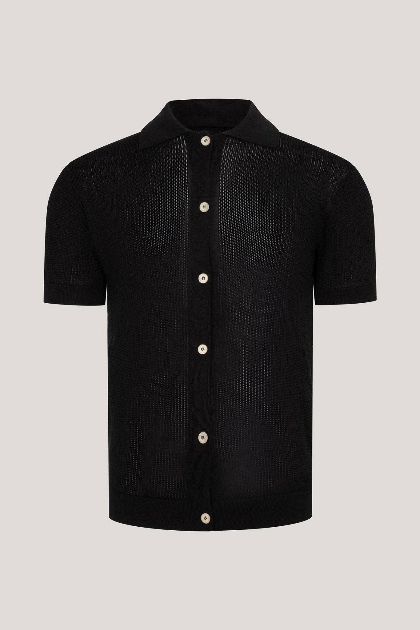Men’s Sheer Button-Down Knit Top – Black