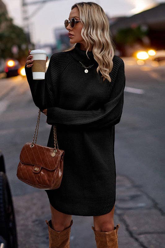Chunky Turtleneck Sweater Dress - BLACK