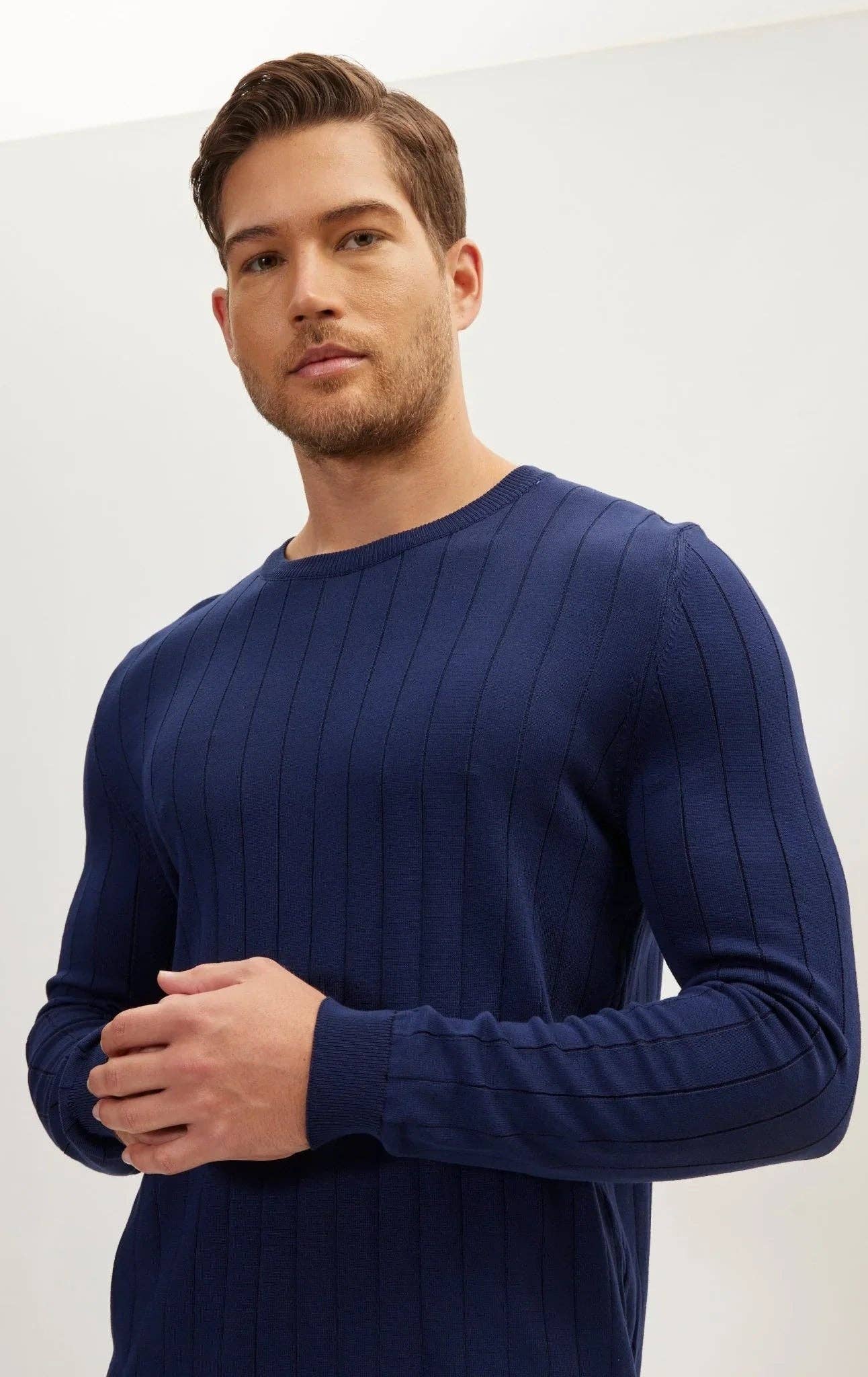 Men's Slip-Stitch Crew Neck Long Sleeve Sweater - Navy
