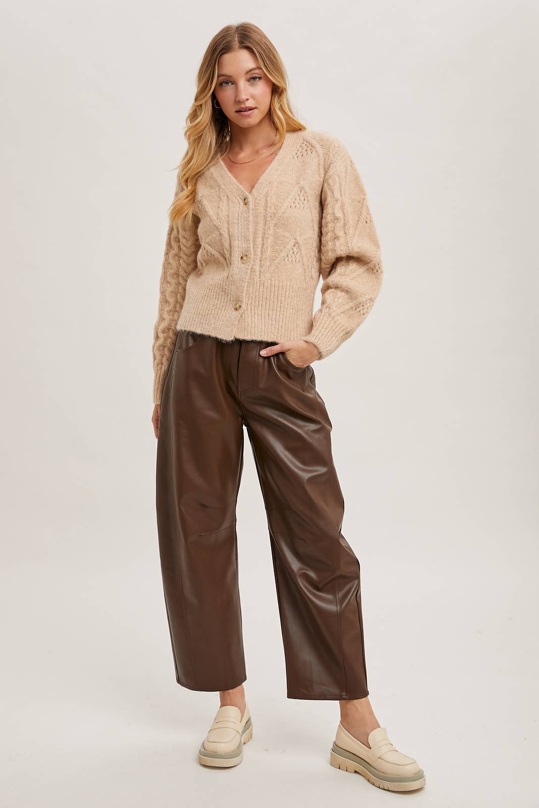 VEGAN LEATHER BARREL PANTS