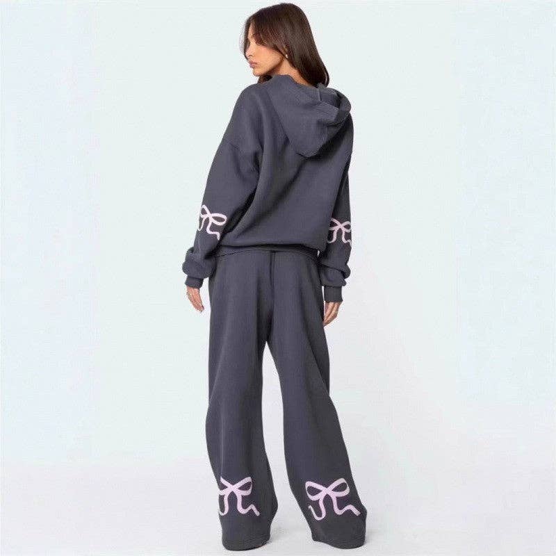 Fleece Hooded Bow Print Sweatsuit