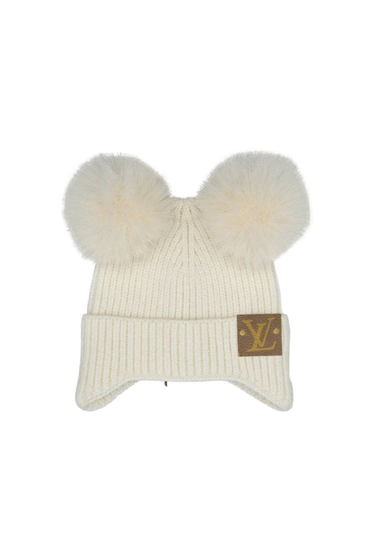 🤍 Upcycled Baby Beanie – Cream with Faux Fur Pom Poms