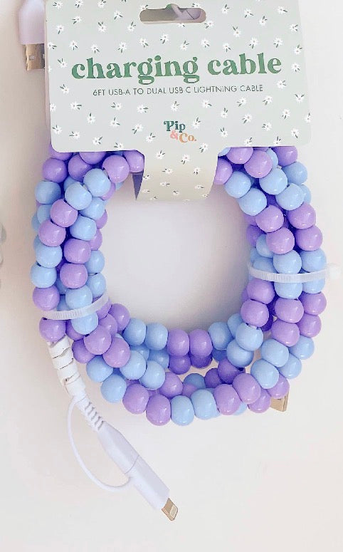 6ft Beaded Phone Charger USB-A & Dual USB-C Lightning Cable