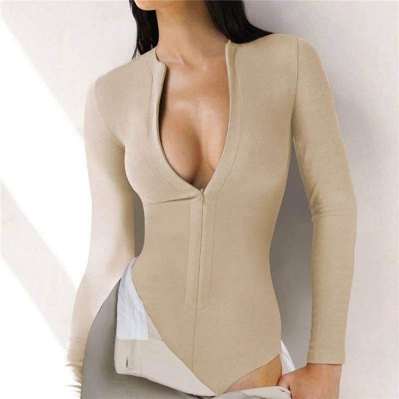 Long Sleeve Zipper Knit Bodysuit – Black / Coffee / Khaki