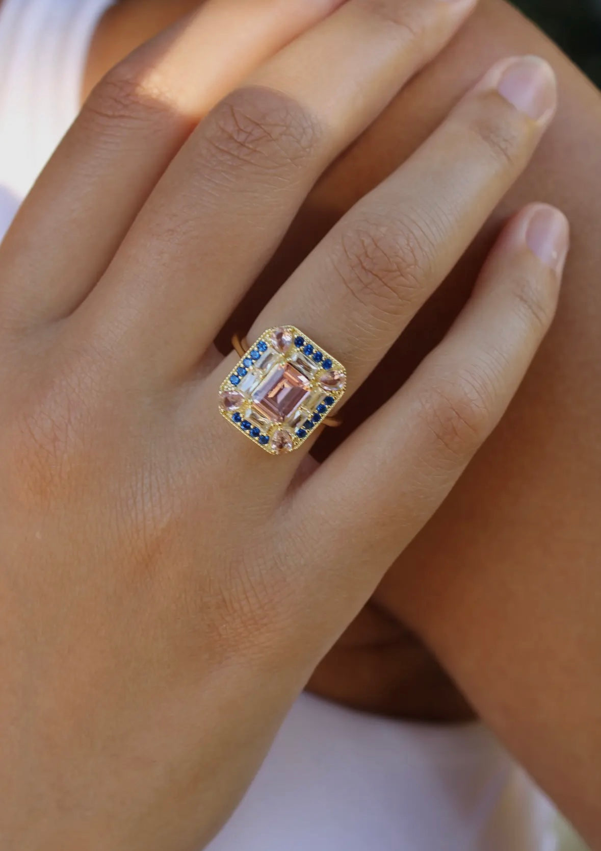 Art Deco Sapphire & Morganite Cocktail Ring | Vintage-Inspired Statement Ring