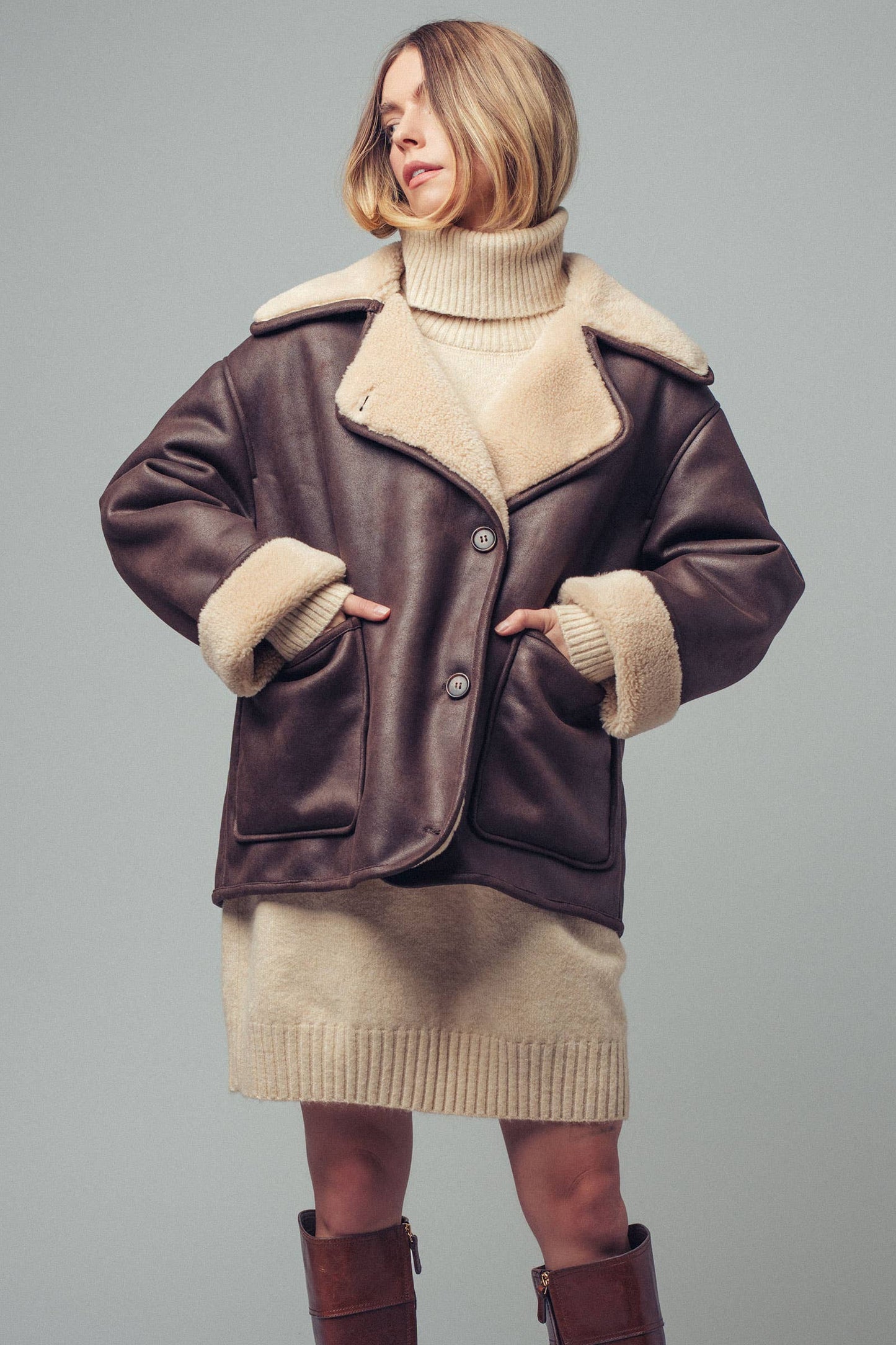 Oversized Aviator Jacket – Faux Leather with Shearling