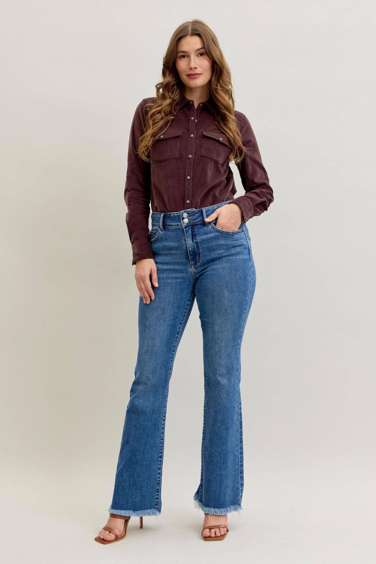 Judy Blue High Waist Double Button Fray Hem Bootcut, 32” Inseam