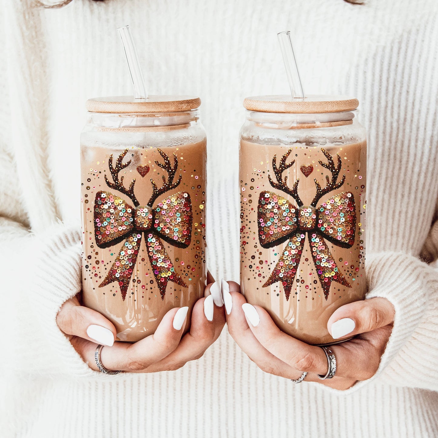 Christmas Sequin Coquette Bow & Antler Glass Cup Glitter