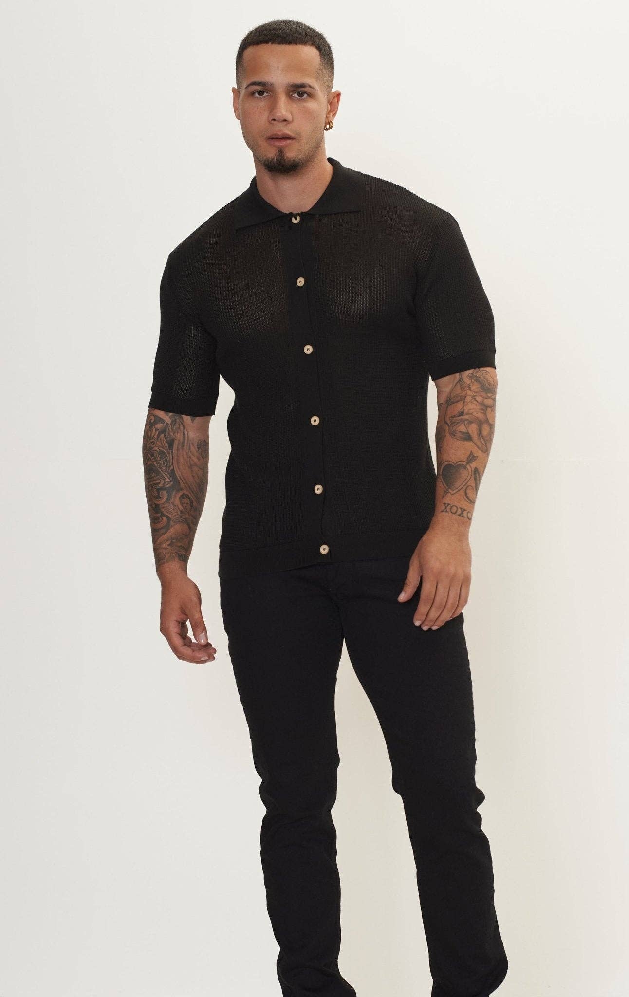 Men’s Sheer Button-Down Knit Top – Black