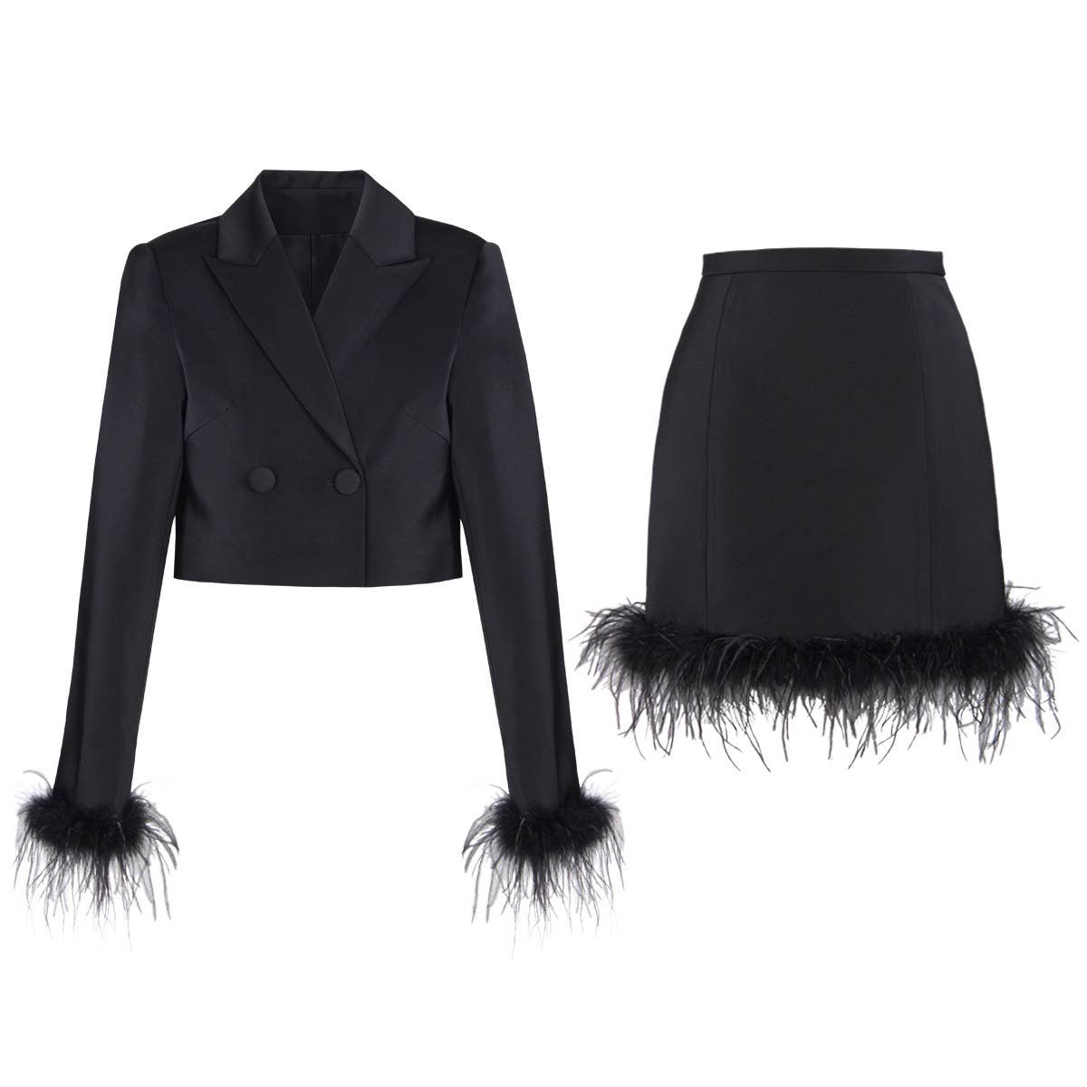🖤 Elegant Feather-Trimmed Short Suit Set