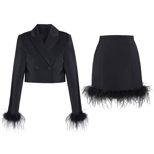 🖤 Elegant Feather-Trimmed Short Suit Set