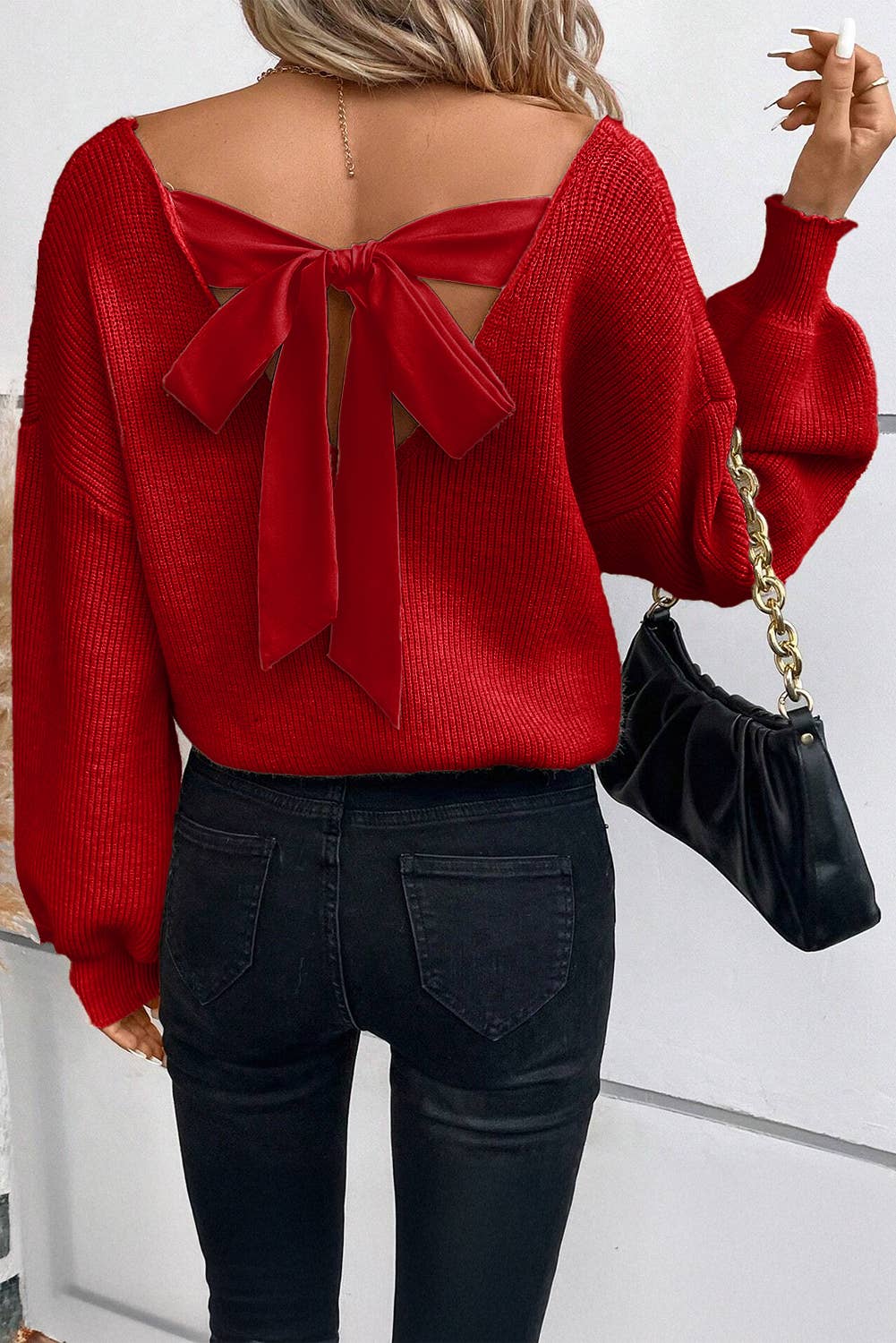 Red Lantern Sleeve V Neck Knot Back Sweater