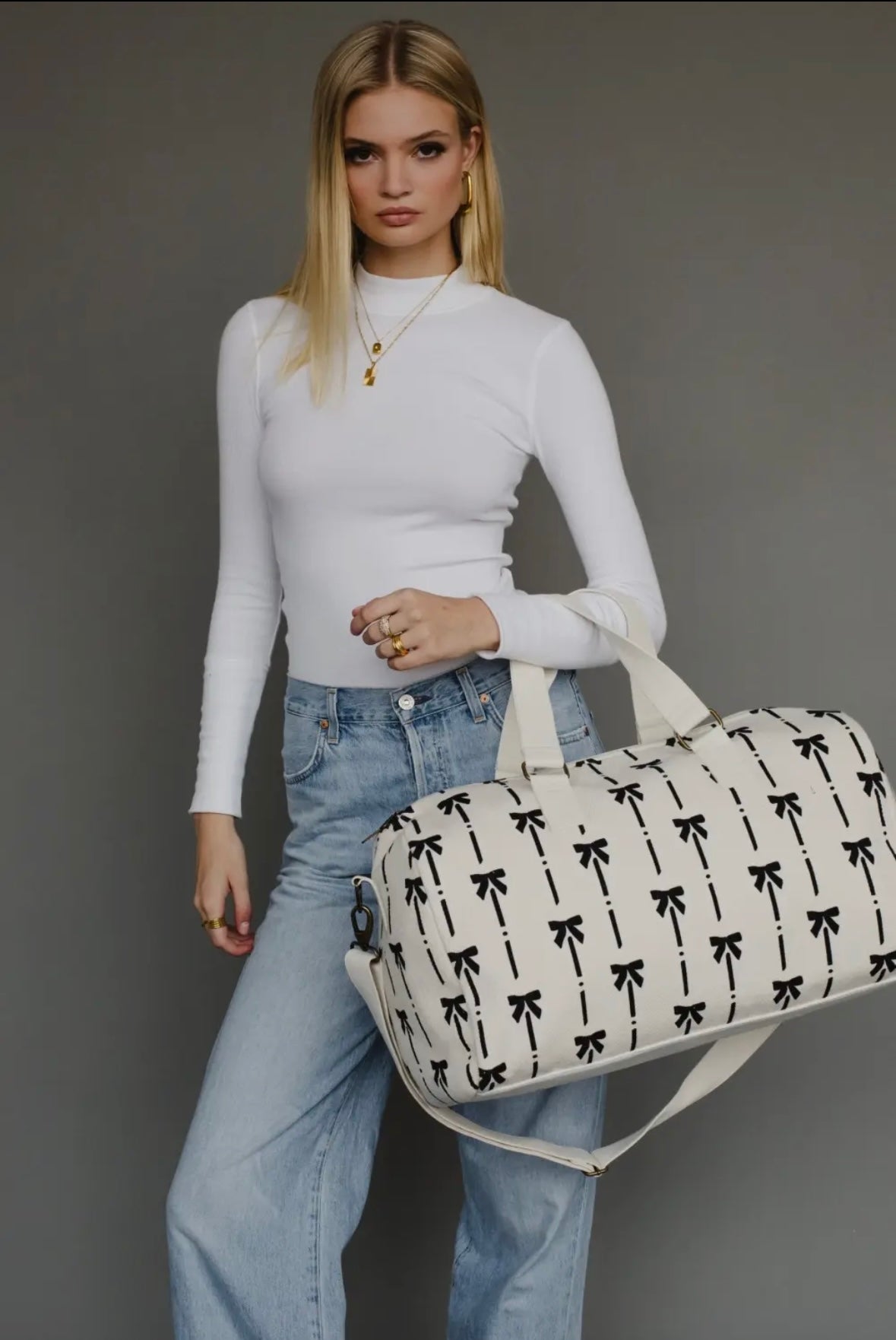 White & Black Bow Print Canvas Duffle Bag