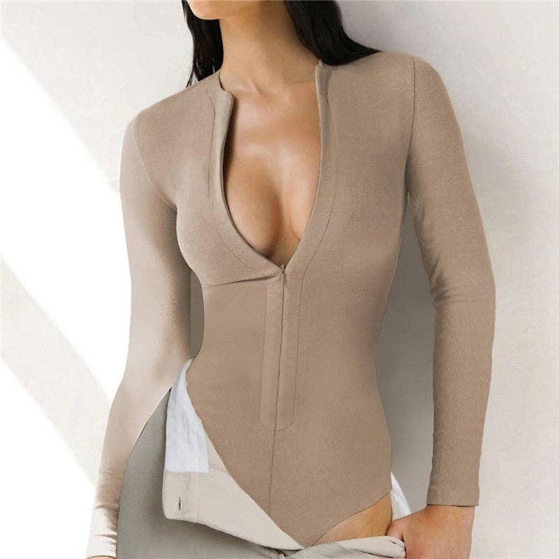 Long Sleeve Zipper Knit Bodysuit – Black / Coffee / Khaki