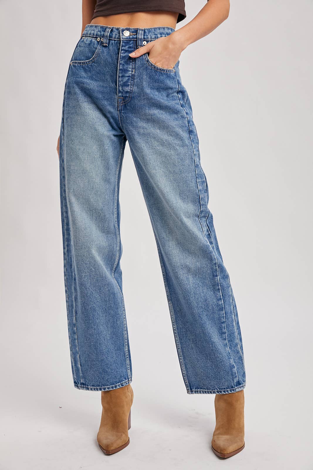 MEDIUM WASH DENIM HIGH-RISE STRAIGHT LEG PANTS JEANS