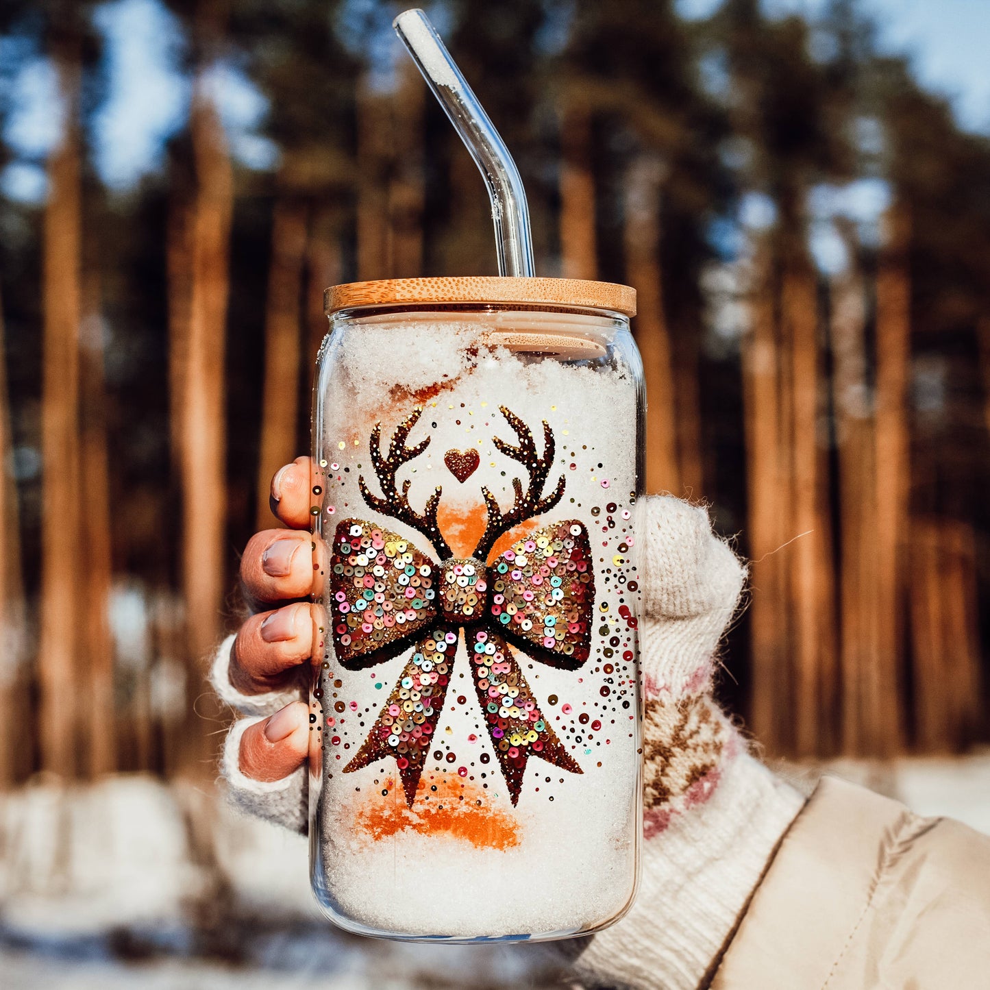 Christmas Sequin Coquette Bow & Antler Glass Cup Glitter