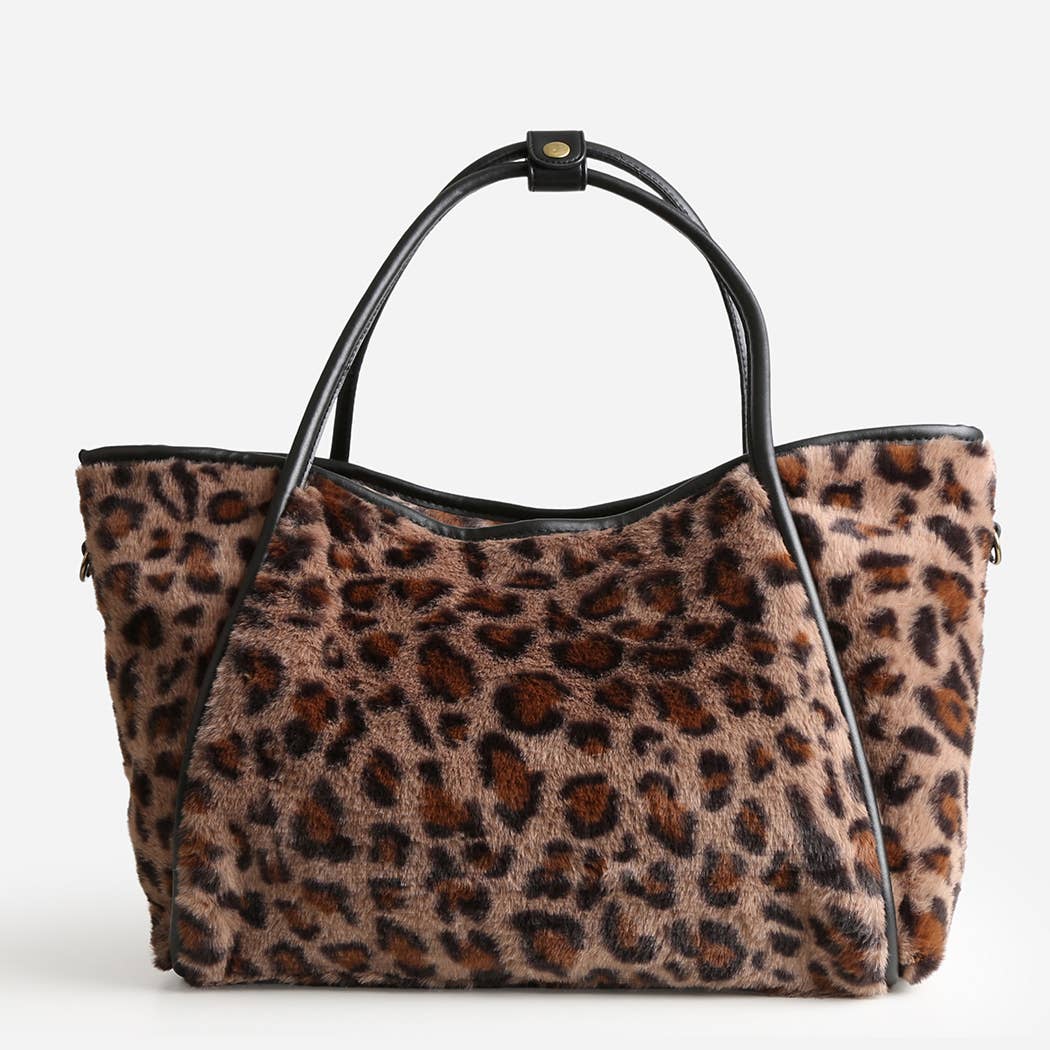Leopard Pattern Faux Fur Shoulder Tote Bag