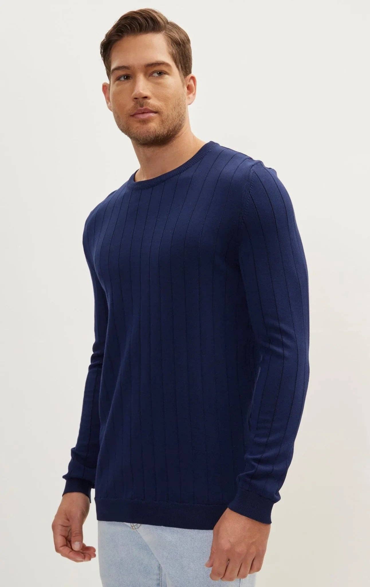 Men's Slip-Stitch Crew Neck Long Sleeve Sweater - Navy