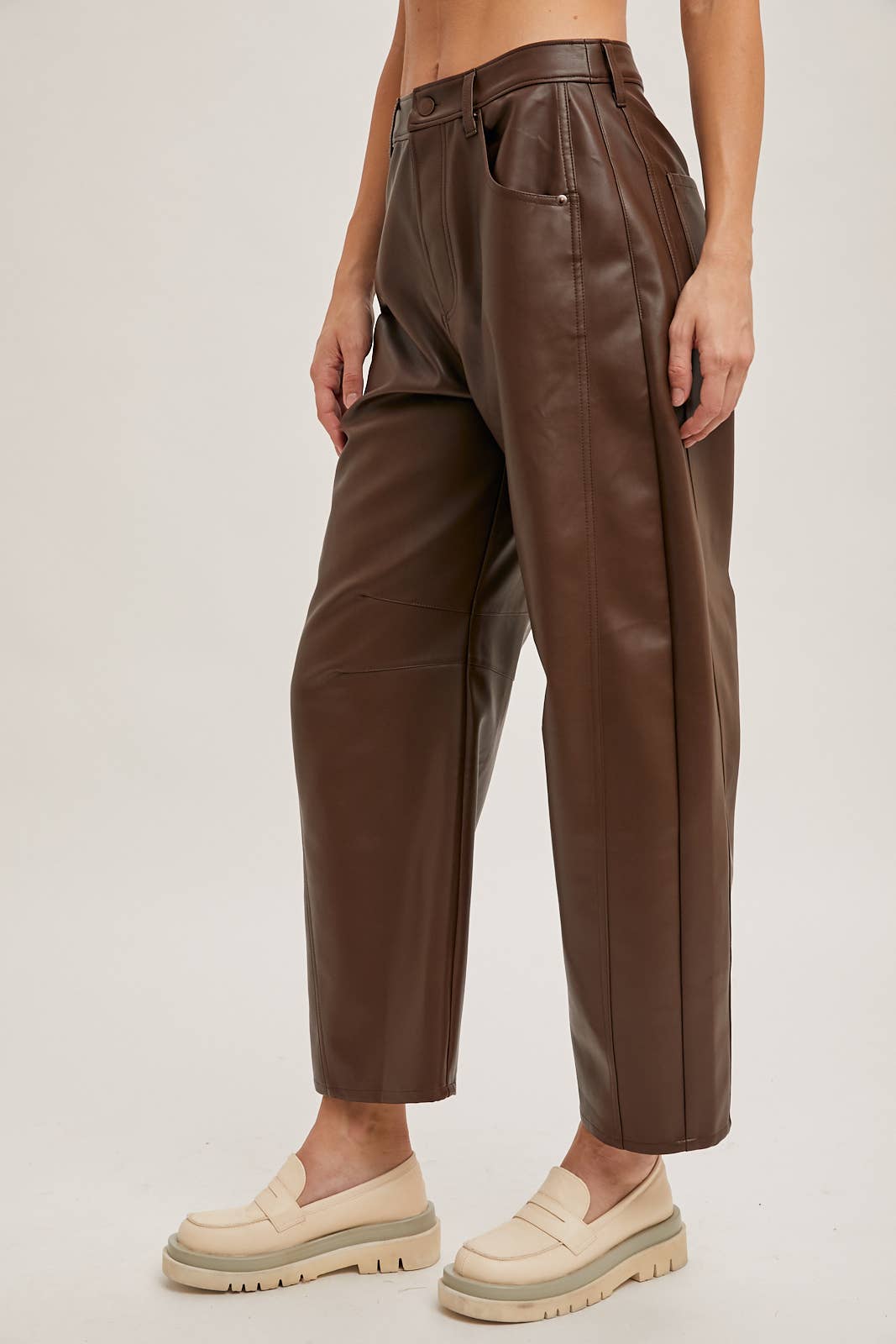 VEGAN LEATHER BARREL PANTS