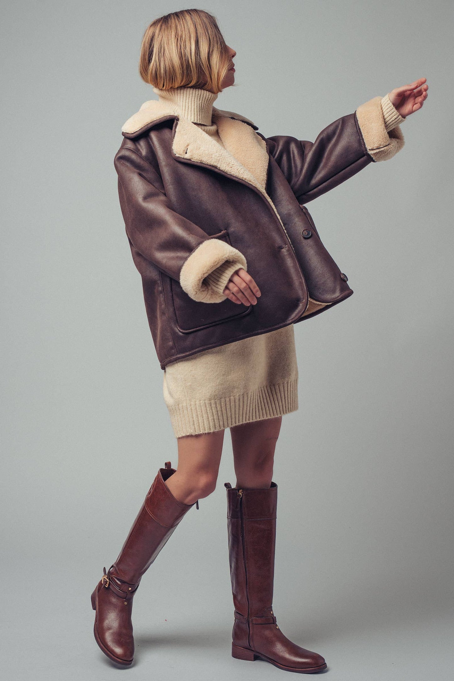 Oversized Aviator Jacket – Faux Leather with Shearling