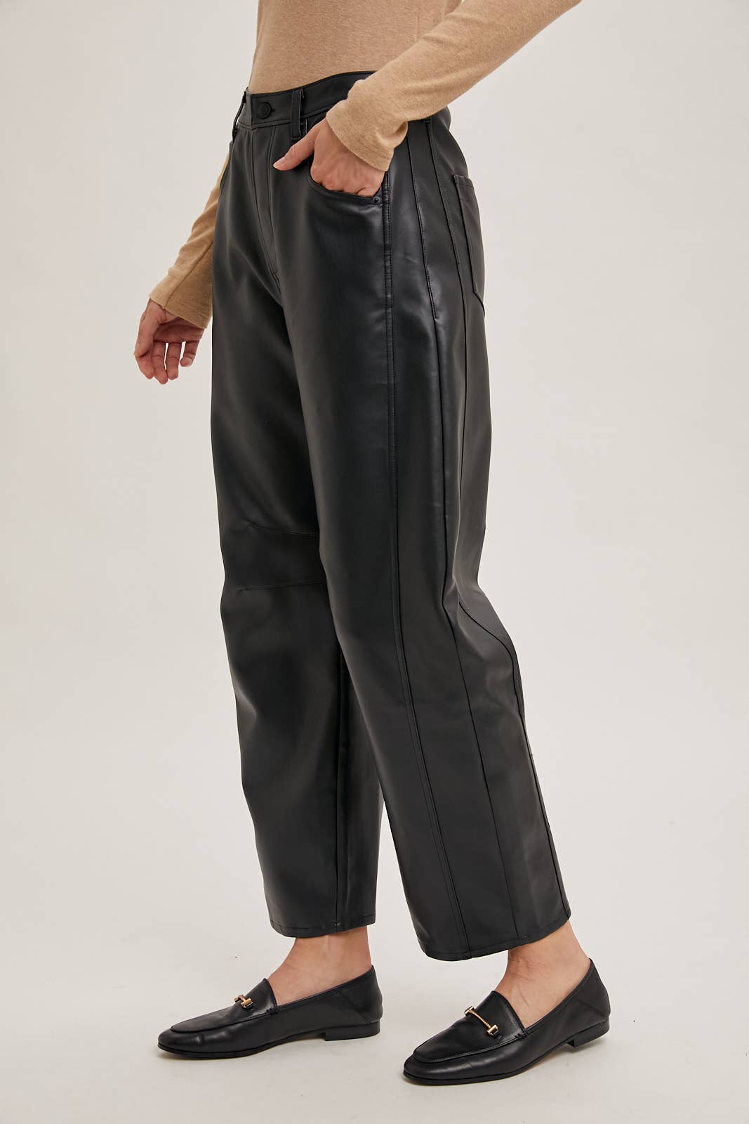 VEGAN LEATHER BARREL PANTS