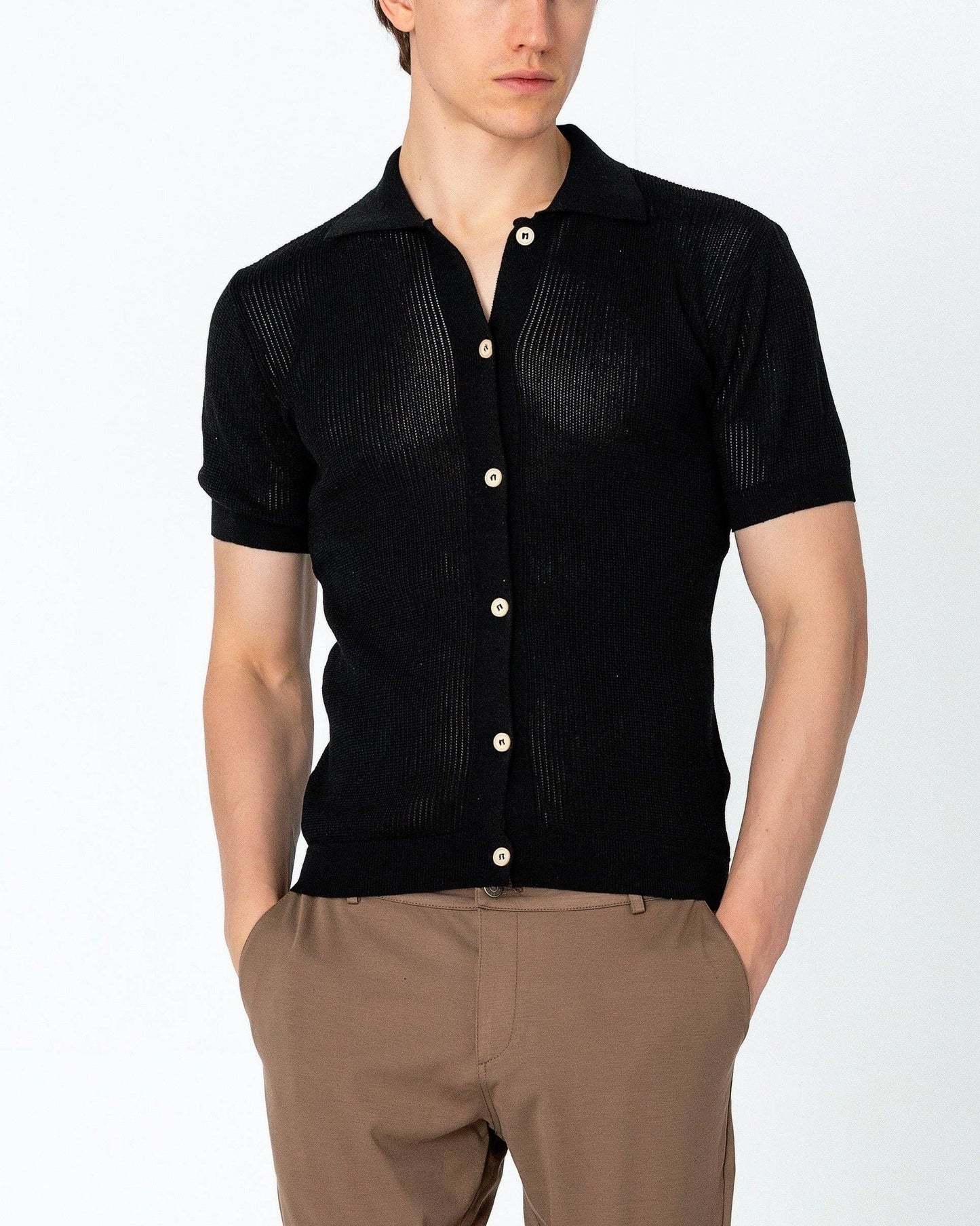 Men’s Sheer Button-Down Knit Top – Black