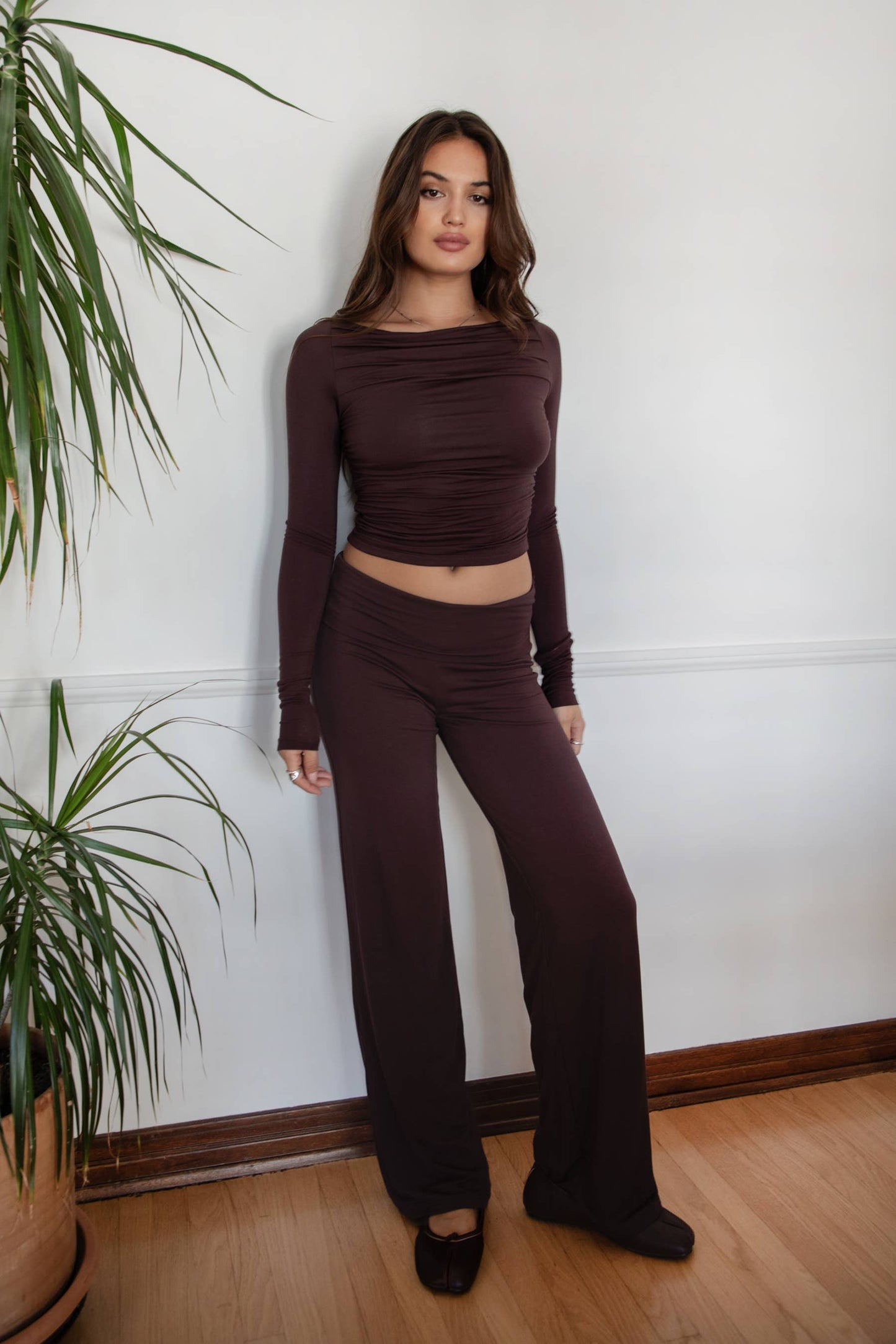 JOLINA Boat Neckline Basic Casual Lounge Long Sleeve Top
