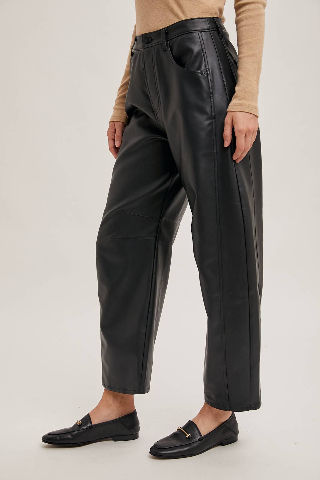 VEGAN LEATHER BARREL PANTS