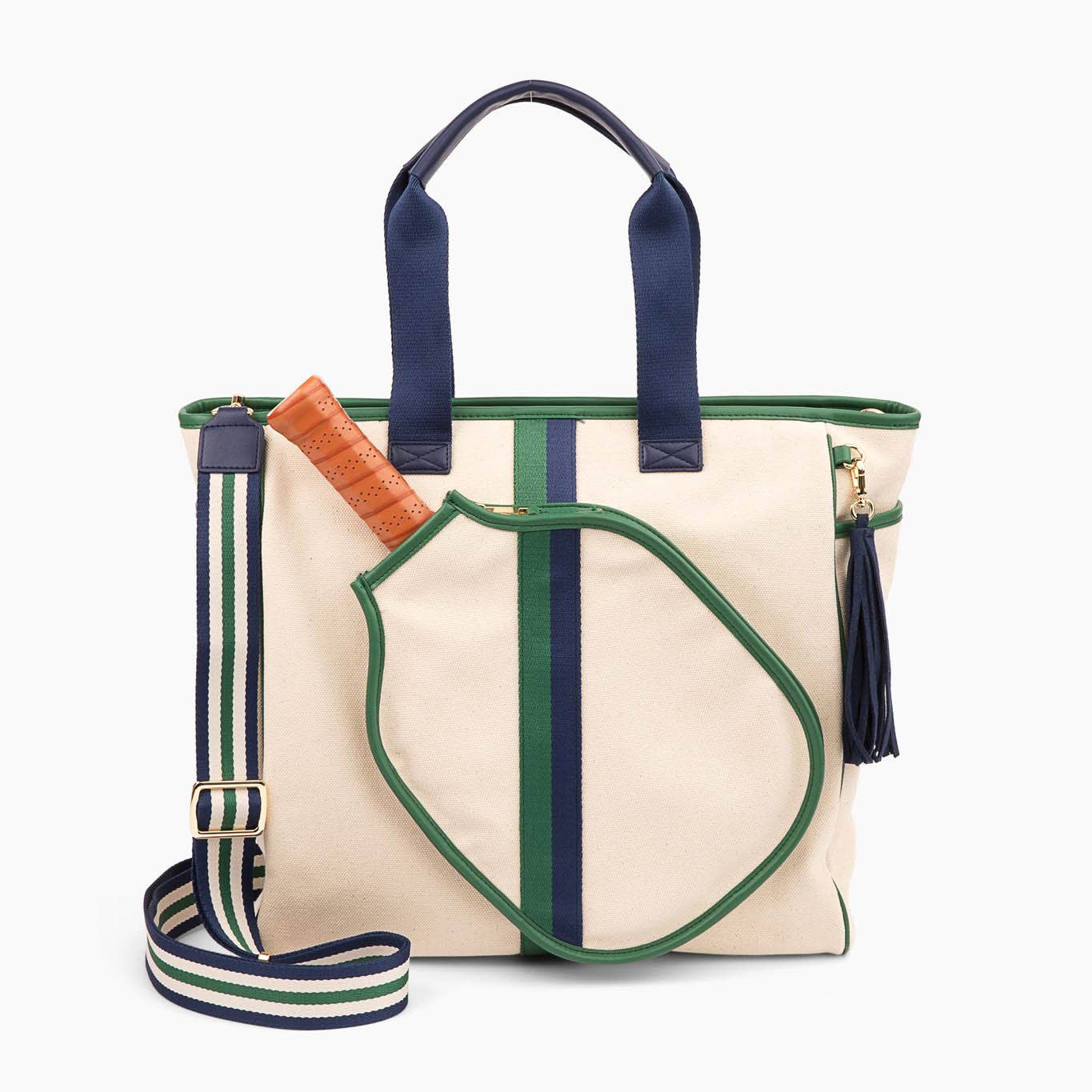 🎾 Trelle “Bestie” Retro Pickleball Tote – Ivory with Navy & Green Stripes