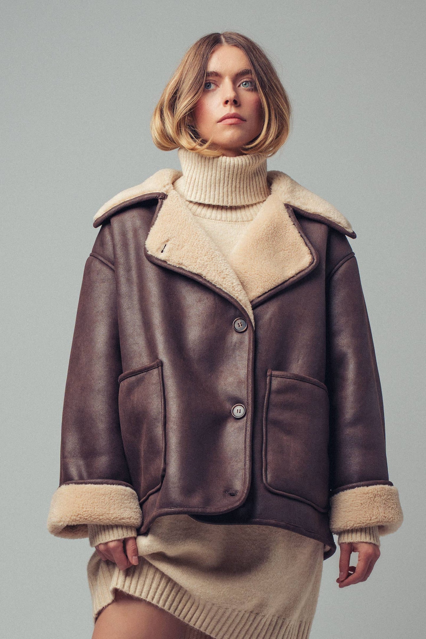 Oversized Aviator Jacket – Faux Leather with Shearling