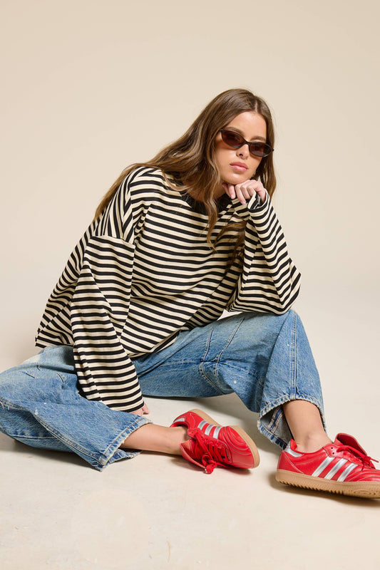 Striped Terry Oversized Long Sleeve Top