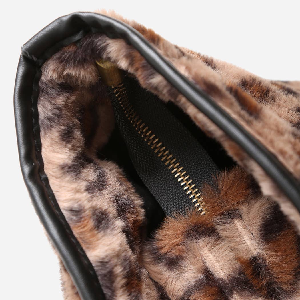 Leopard Pattern Faux Fur Shoulder Tote Bag