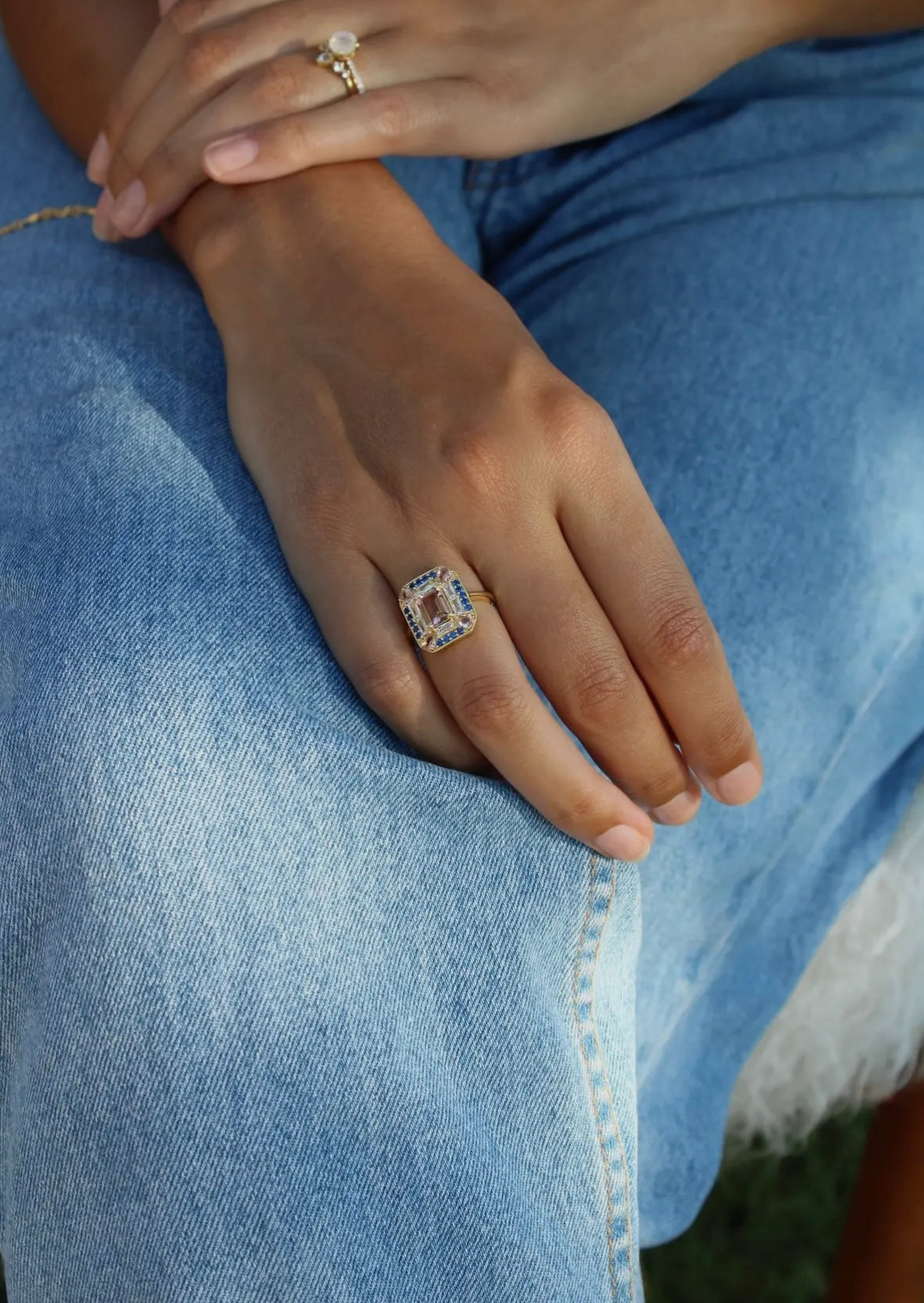 Art Deco Sapphire & Morganite Cocktail Ring | Vintage-Inspired Statement Ring
