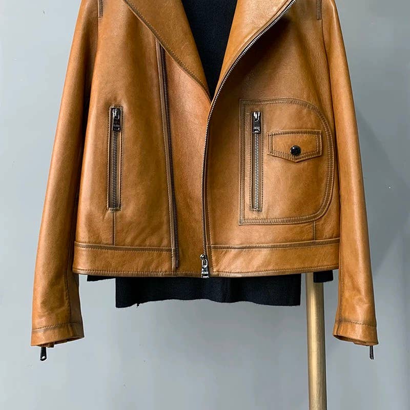 JK303L Vintage Short Lambskin Leather Biker Jacket Women