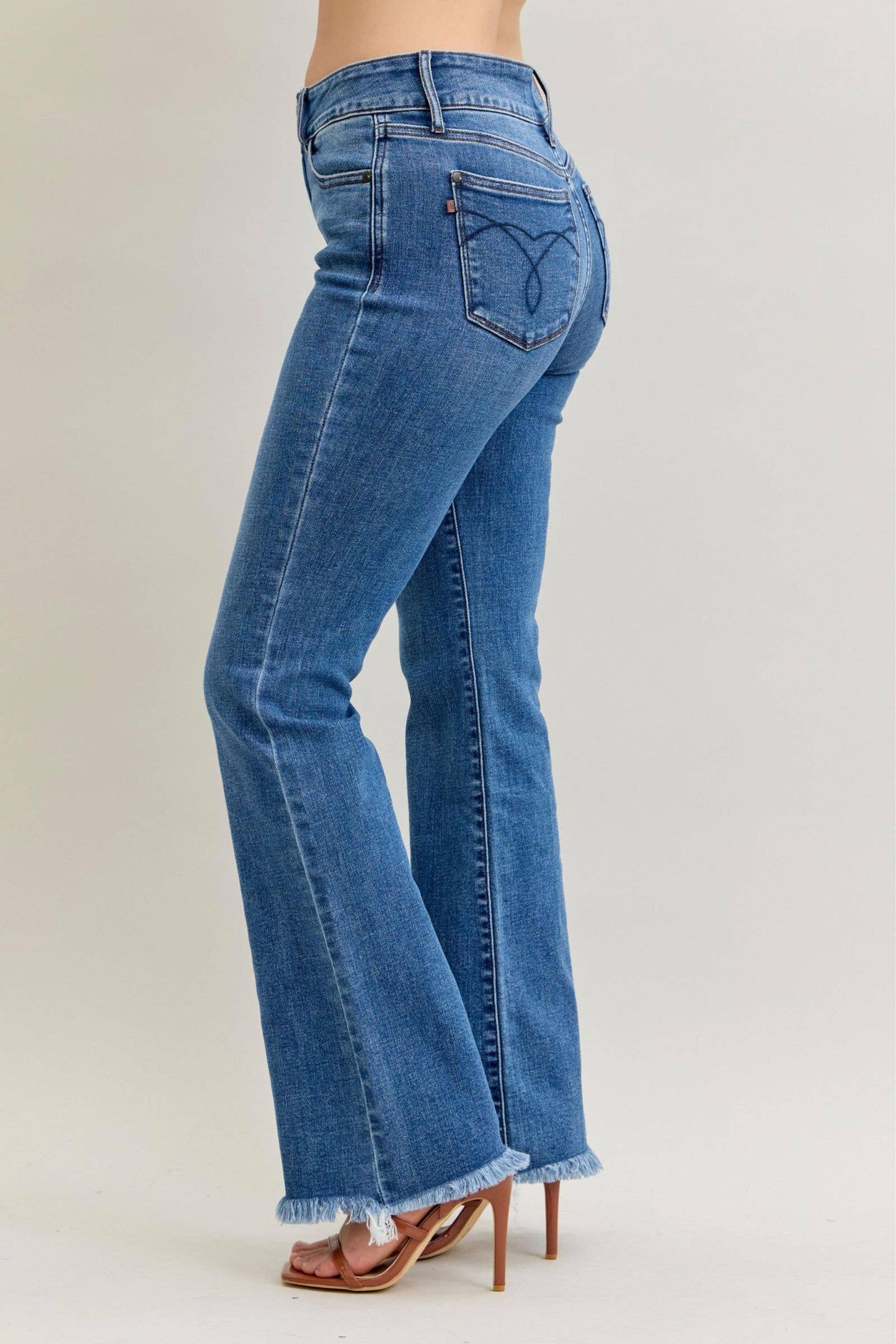 Judy Blue High Waist Double Button Fray Hem Bootcut, 32” Inseam