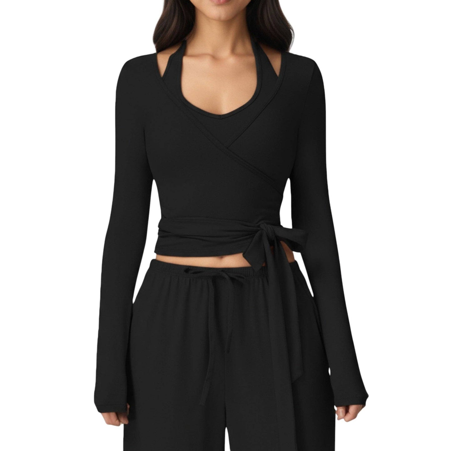 V-Neck Belted Waist Layering Piece Outwear with Front Tie De
