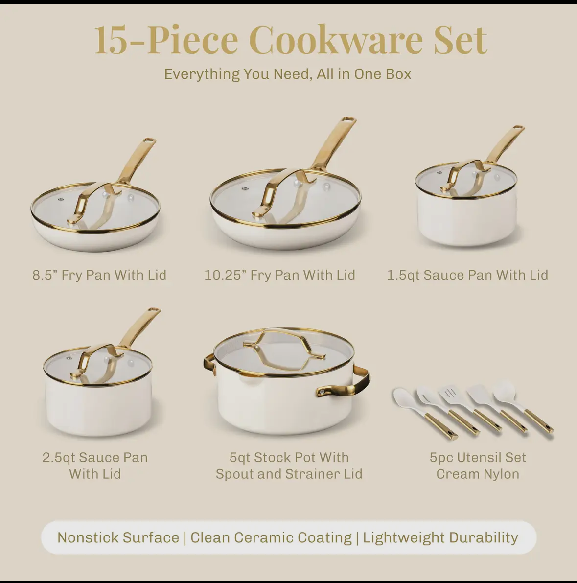 15-Piece White & Gold Ceramic Nonstick Cookware Set – Gotham Steel / Granitestone
