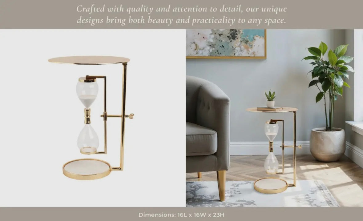 Metal Modern Hourglass Side Table – Gold Accent Table with Marble Detail