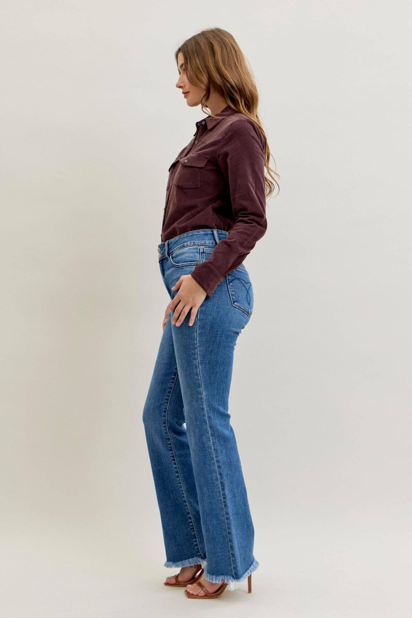Judy Blue High Waist Double Button Fray Hem Bootcut, 32” Inseam