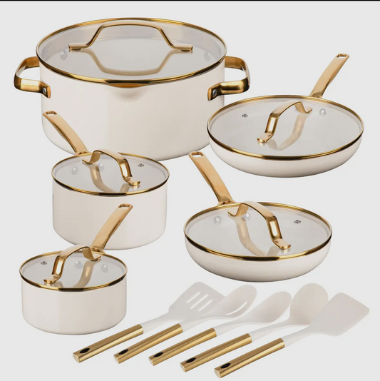 15-Piece White & Gold Ceramic Nonstick Cookware Set – Gotham Steel / Granitestone
