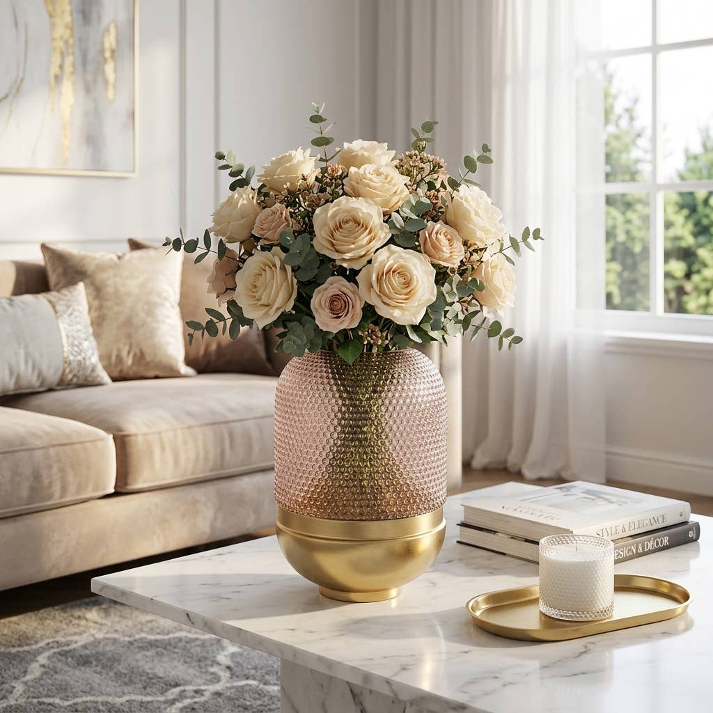 Decorative Vase - Pink/Gold Glass Metal Textured Dots, 11 in