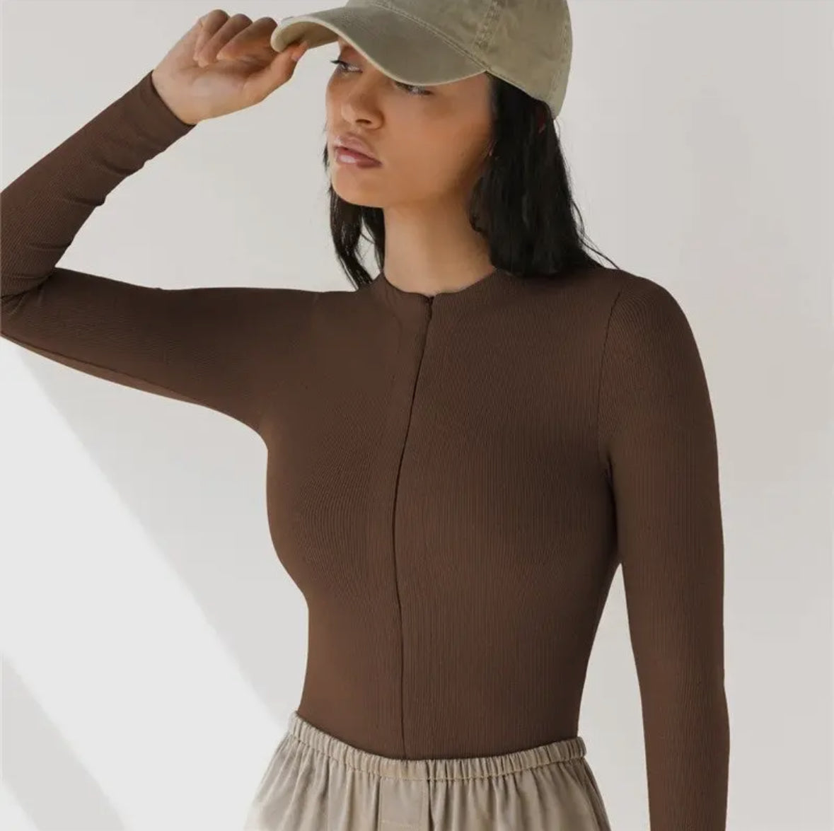 Long Sleeve Zipper Knit Bodysuit – Black / Coffee / Khaki