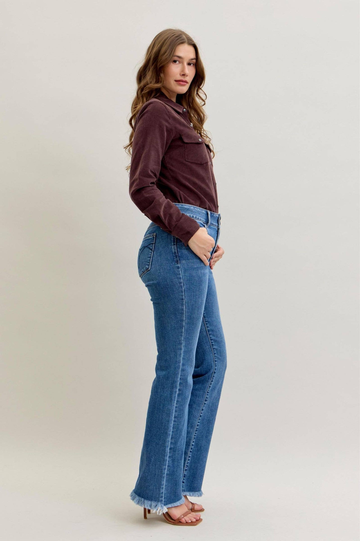 Judy Blue High Waist Double Button Fray Hem Bootcut, 32” Inseam