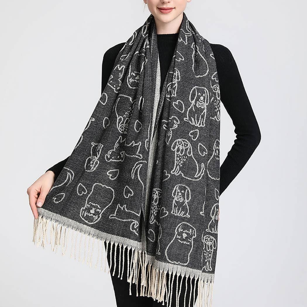 Reversible Puppy Print Cashmere Feel Shawl Scarf