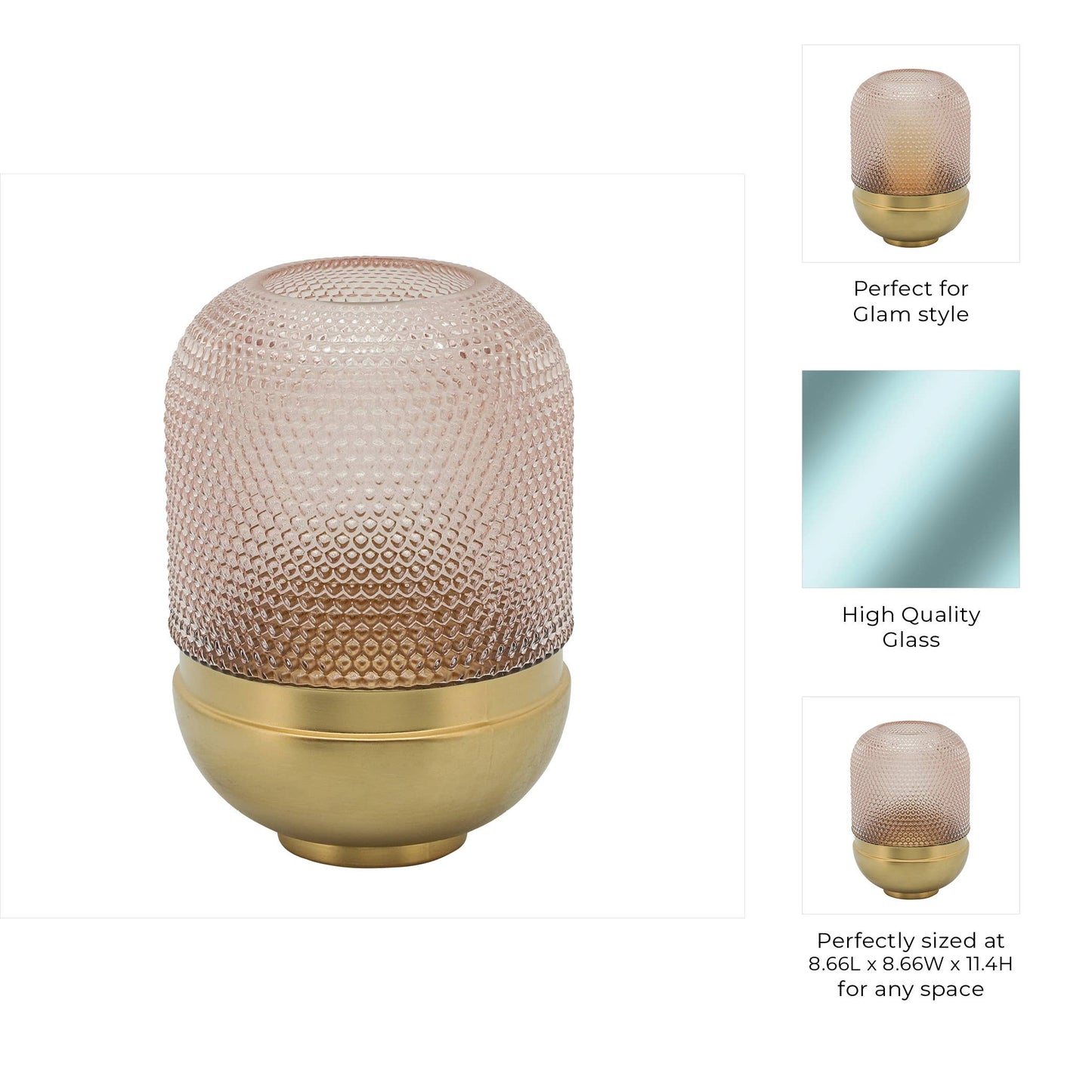 Decorative Vase - Pink/Gold Glass Metal Textured Dots, 11 in
