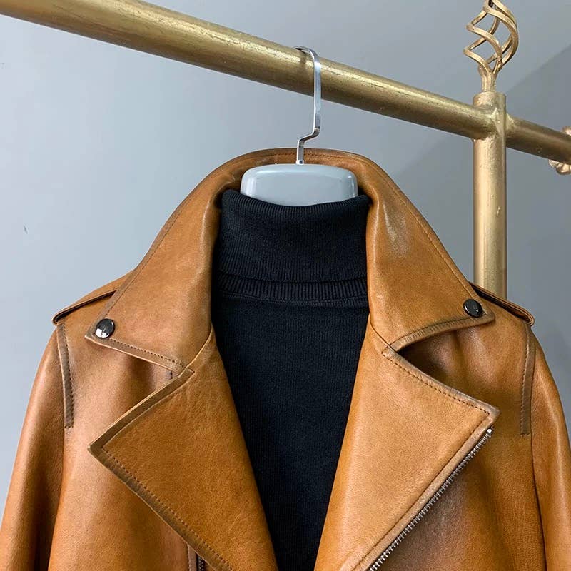 JK303L Vintage Short Lambskin Leather Biker Jacket Women