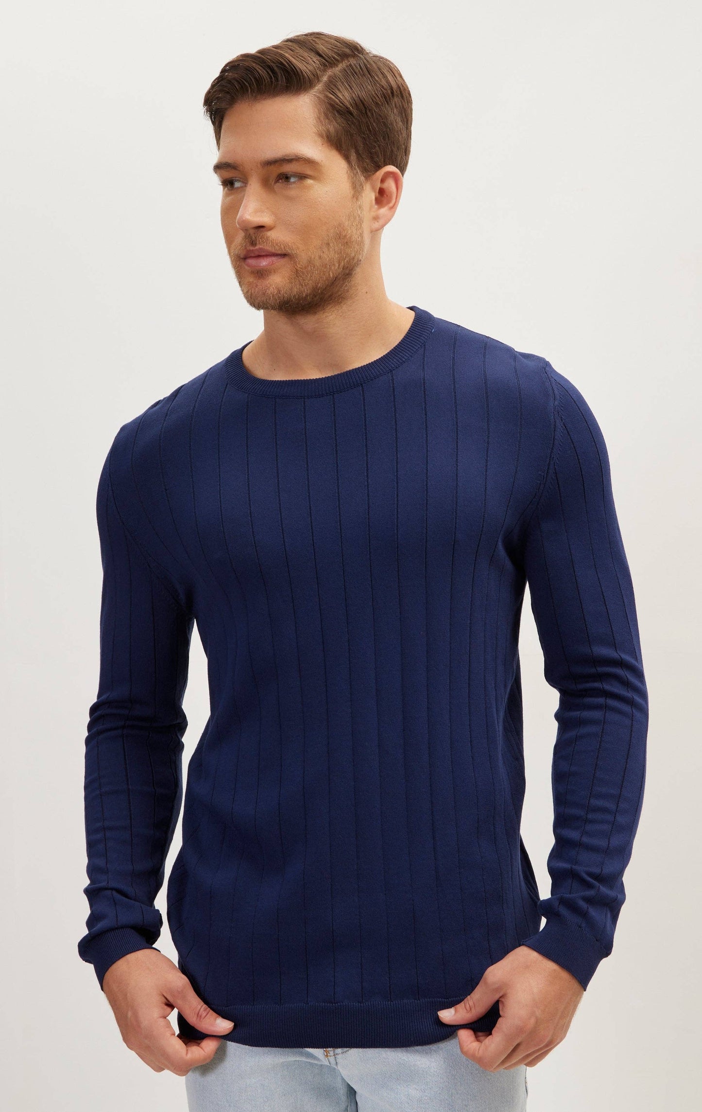 Men's Slip-Stitch Crew Neck Long Sleeve Sweater - Navy