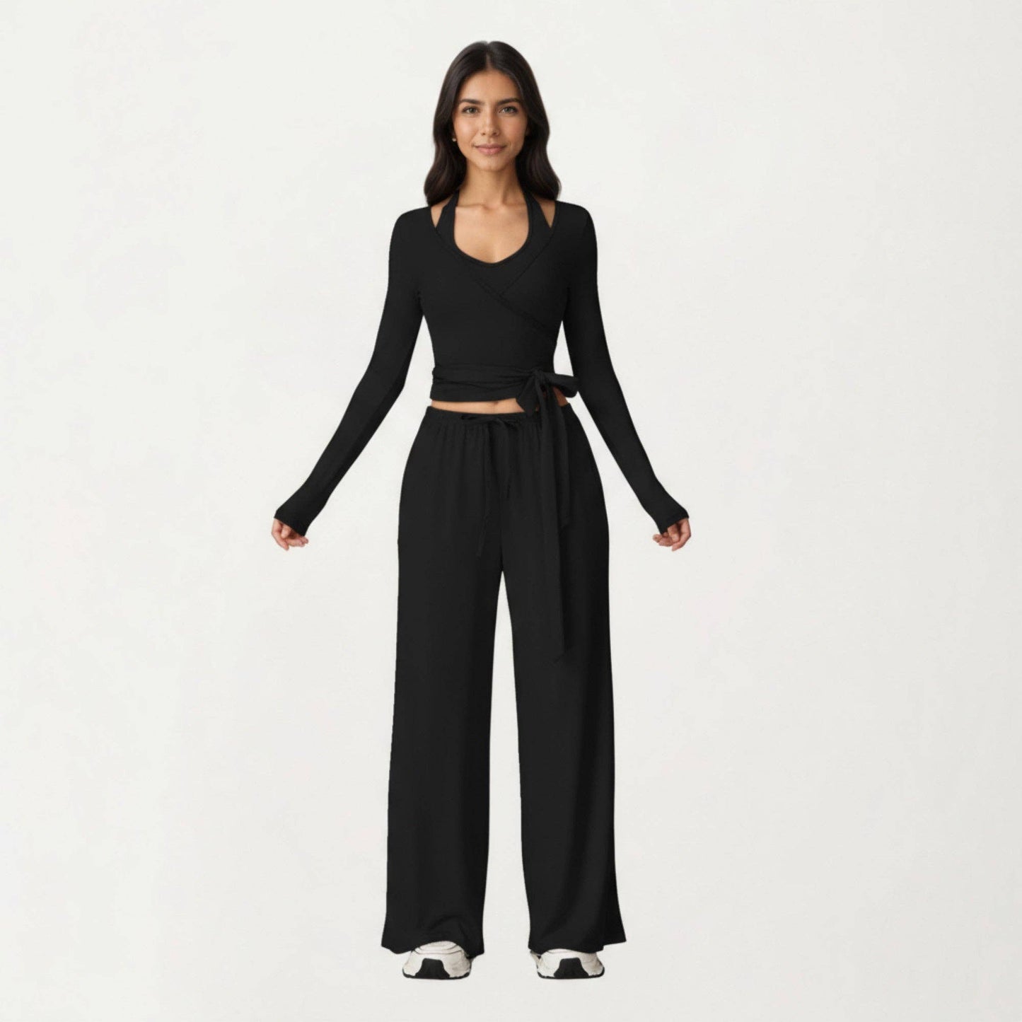 V-Neck Belted Waist Layering Piece Outwear with Front Tie De